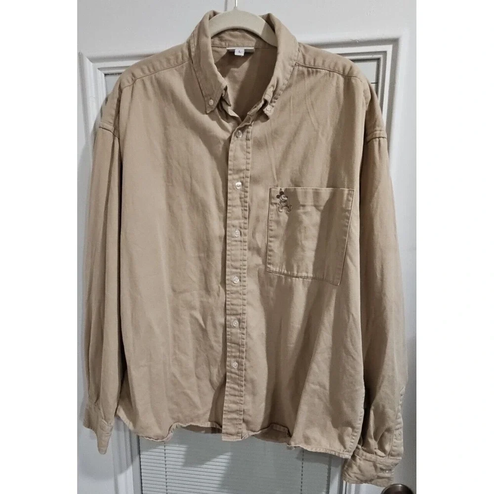 Disney Mickey Dress Shirt Mens L Large Brown Button Down 100% Cotton